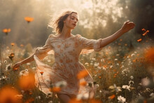 Carefree concept with young beautiful woman dancing in field full of flowers , Generative AI illustration