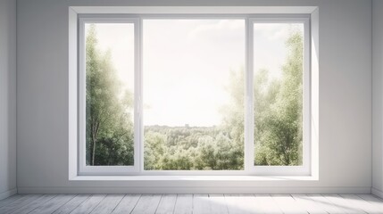 Wall Mural - White empty room with summer landscape in window. Scandinavian interior design. generative ai