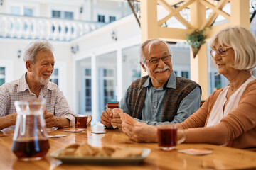 Wall Mural - Group of happy senior friends playing cards on patio in nursing home.