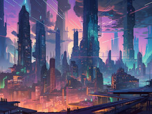 A Futuristic Cityscape Portrayed Through Digital Illustration The City Of The Future Towers Above The Viewer, With Skyscrapers That Touch The Clouds. The Buildings Are Sleek And Modern