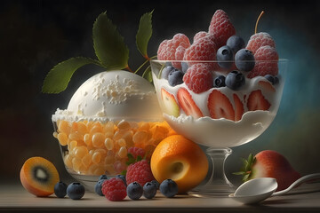 Delicious ice cream with fruits and berries in a vintage bowl. Fruits in a bowl on a dark background. Food design. Generative AI technology. 