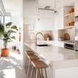 A sleek modern kitchen featuring white colors and a vibrant plant accent, created by AI.