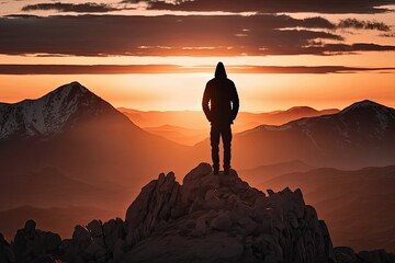 Poster - a lone man, silhouetted against the setting sun, gazing out at the horizon from atop a mountain peak, created with generative ai