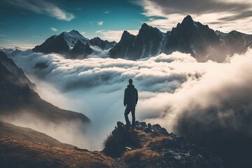 Sticker - majestic mountain range, with clouds and mist swirling below, and man from behinde is taking in the view, created with generative ai