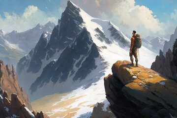 Canvas Print - man, climbing toward the summit of rocky mountain peak, with view of lush valley below, created with generative ai