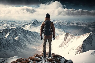 Poster - man, with view of grand wilderness and snow-capped mountains, reaching the summit, created with generative ai