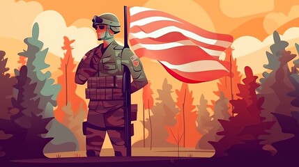 Wall Mural - illustration of USA army soldier with nation flag. Greeting card for Veterans Day , Memorial Day, Independence Day . America celebration. Generative Ai.