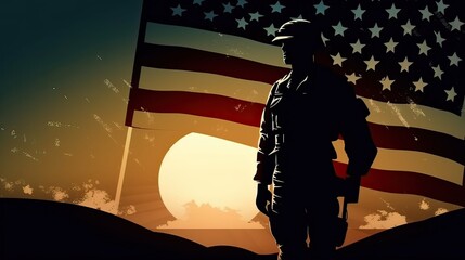 Wall Mural - illustration of USA army soldier with nation flag. Greeting card for Veterans Day , Memorial Day, Independence Day . America celebration. Generative Ai.