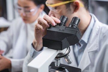 Wall Mural - scientist analyzing microscope slide at laboratory. young woman technician is examining a histologic