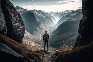 Canvas Print - man, with breathtaking view of the valley below, ascending steep and rocky path, created with generative ai