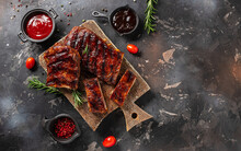 Spicy Rack Of Spare Ribs With Marinade On A Wooden Board, Banner, Menu, Recipe Place For Text, Top View