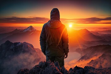 Poster - man, with view of sunrise, atop mountain peak, created with generative ai