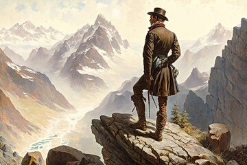 Canvas Print - man, with view of the valley below and distant mountain range in the background, standing on rocky peak, created with generative ai