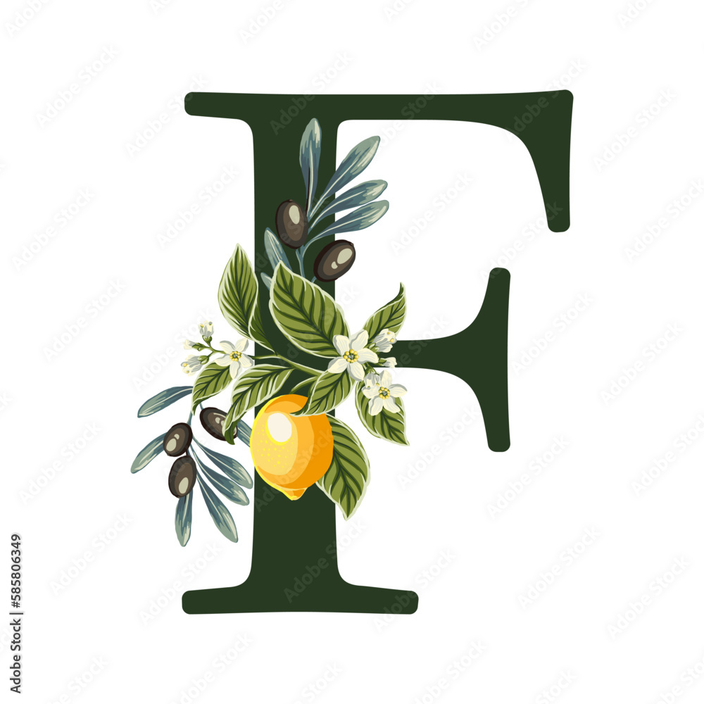 letter F from Alphabet with lemons and olive branches illustration ...