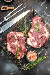 Sticker - meat, Raw meat pork steaks with seasoning. place for text, top view