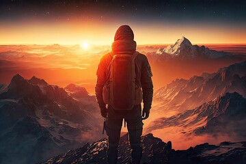 Wall Mural - man, with view of the sun setting over the horizon, atop mountain peak, created with generative ai