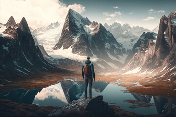 Sticker - majestic mountain range, with a man enjoying the view and taking in the fresh air, created with generative ai