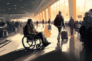 Canvas Print - person in a wheelchair, exploring the busy terminal, with streams of travelers and bags zipping past, created with generative ai