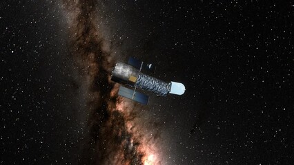 Wall Mural - Hubble Space Telescope Revolving and Aligning to Take Pictures of Milky Way Galaxy Centre and Universe with Solar Panels - Realistic 3D CGI Animation 4K