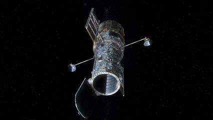 Wall Mural - Hubble Space Telescope Slowly Rotating in Orbit as Camera Approaches Enters Cylinder with Close Up of Mirror - Realistic 3D CGI Animation 4K