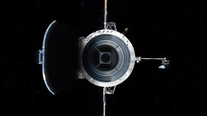 Wall Mural - Hubble Space Telescope Rotating as Camera Emerges from Interior Mirror to Reveal Craft in Orbit with Stars Background - Realistic 3D CGI Animation 4K