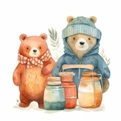 Cute portrait of two bears style. Drawing baby wild face isolated on white background. Watercolor sweet bears for kids poster and card. 