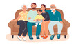 Happy  family of three generations.Mom, dad, grandfather, grandmother and grandson .Smiling relatives sit on the sofa and have fun.Vector flat cartoon illustration isolated on white background.