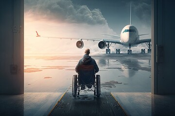 Poster - man in wheelchair boarding airplane, with view of the runway and other planes, created with generative ai