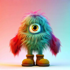 cute, funny, cool monster with big eyes, long arms, colorful skin and red boots, colorful long hair, gradient background, Generative AI