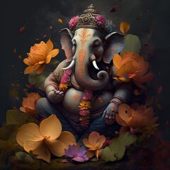 Lord Ganesha with flowers the Hindu God of Wisdom, wall print