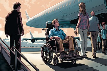 Canvas Print - man in wheelchair, boarding plane with his family, heading on vacation, created with generative ai