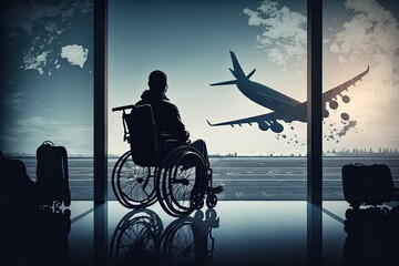 Poster - person in wheelchair, boarding plane with view of the airport terminal and planes in the background, created with generative ai