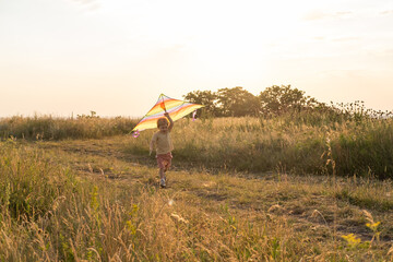 happy little kid boy having fun with kite in nature at sunset