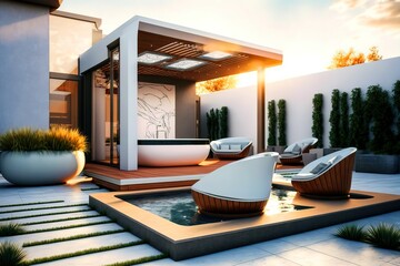 A stylish and modern outdoor space with a hot tub and a variety of lounge chairs. Generative Ai.