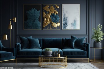 An elegant navy blue sofa in the middle of a bright living room interior with gold metal side tables and three paintings on a gray wall. Real photo. Generative Ai.