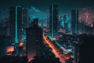 Poster - nighttime view of megapolis with bright lights and illuminated buildings, created with generative ai