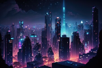 Canvas Print - megapolis at night, with view of city skyline, including the bright lights and tall buildings, created with generative ai