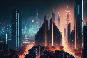 Wall Mural - cityscape with lights and skyscrapers, showing off its bustling nightlife, created with generative ai