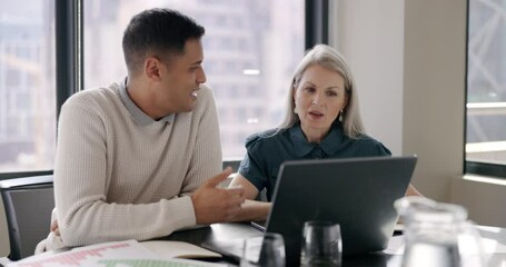 Poster - Businessman, woman and laptop in office for planning, discussion and strategy for finance company. Executive partnership, brainstorming and conversation with computer for budget, analysis or target