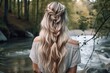 © QuietWord - pretty beautiful braiding hairstyle, blond hair bridal bohemian hairstyle in nature landscape, Generative Ai