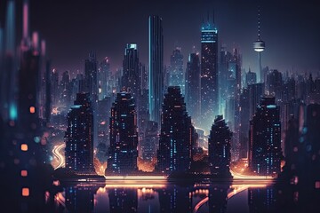 Canvas Print - close-up of megapolis at night, with skyline and city lights in the background, created with generative ai