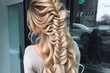 pretty beautiful braiding hairstyle, blond hair bohemian hairstyle in cityscape, Generative Ai