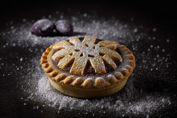 Poster - sweet dessert plum mini pie with sugar on dark brown background, created with generative ai