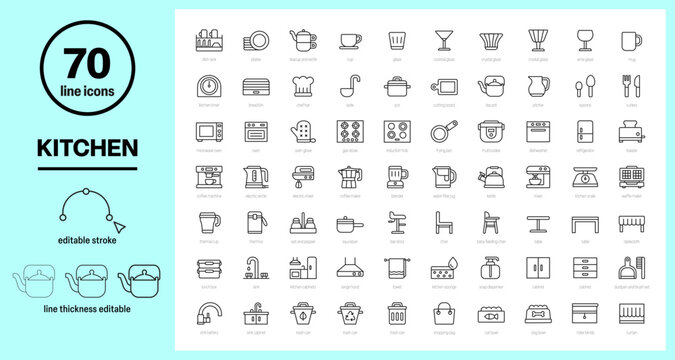 kitchen icons set, cooking, cookware icons, kitchen furniture outline symbols, kitchen equipment, ki