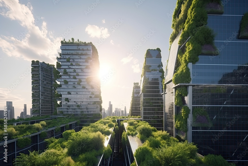 A city of the future with solar panels on the facade with natural ...