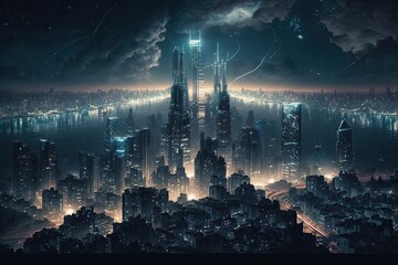 Poster - megapolis at night, with view of the city skyline and twinkling lights, created with generative ai