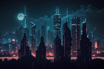 Poster - megapolis at night, with view of the city skyline and illuminated skyscrapers, created with generative ai