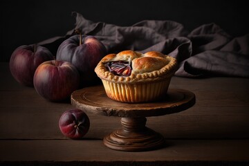 Poster - ruddy plum mini pie on dark background with wooden table, created with generative ai