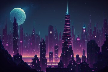 Sticker - megapolis at night, with view of the city skyline and illuminated skyscrapers, created with generative ai