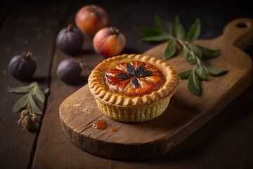 Poster - baked plum mini pie with aromatic marmalade on wooden table, created with generative ai